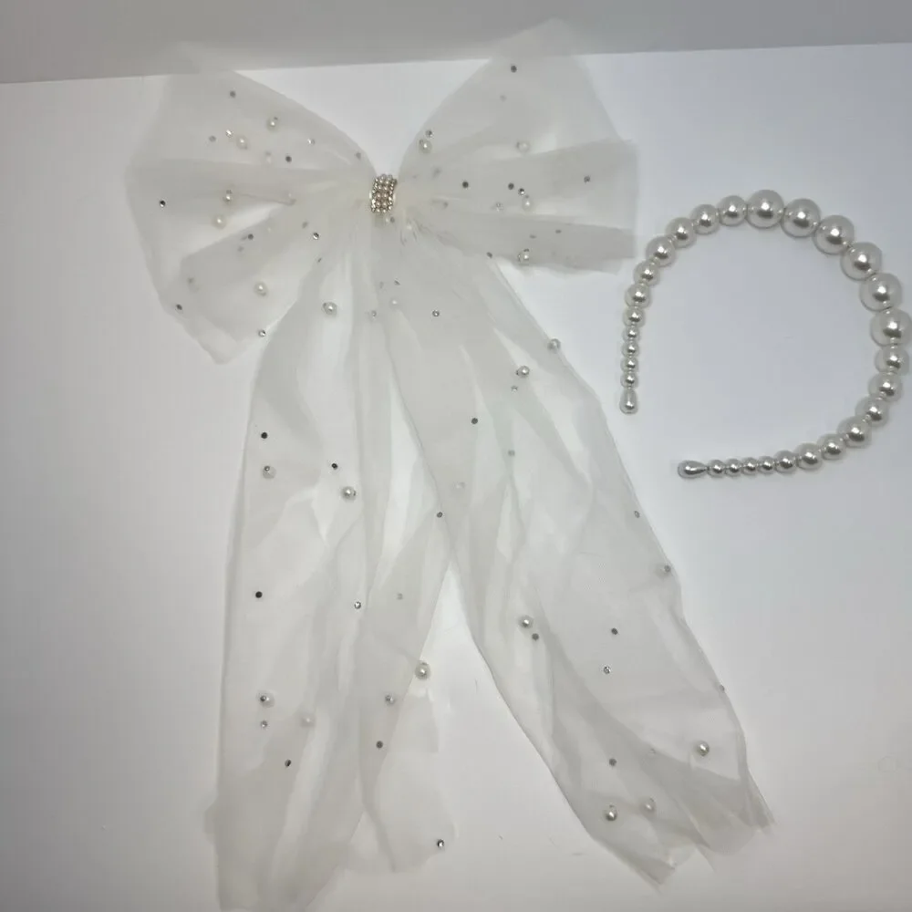 Bridal Hair Accessories Lot Graduated Pearl Headband & Tulle Embellished Bow